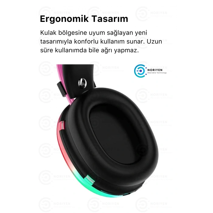 YK Desing PG580 Premium Seri Mikrofonlu RGB LED Işıklı Bluetooth Kablosuz Kafa Üstü Kulaklık