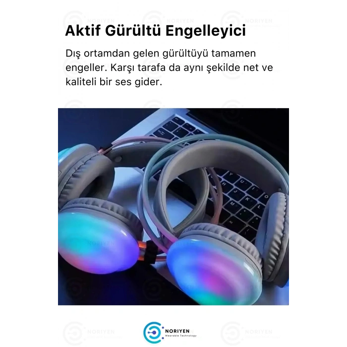 YK Desing PG580 Premium Seri Mikrofonlu RGB LED Işıklı Bluetooth Kablosuz Kafa Üstü Kulaklık