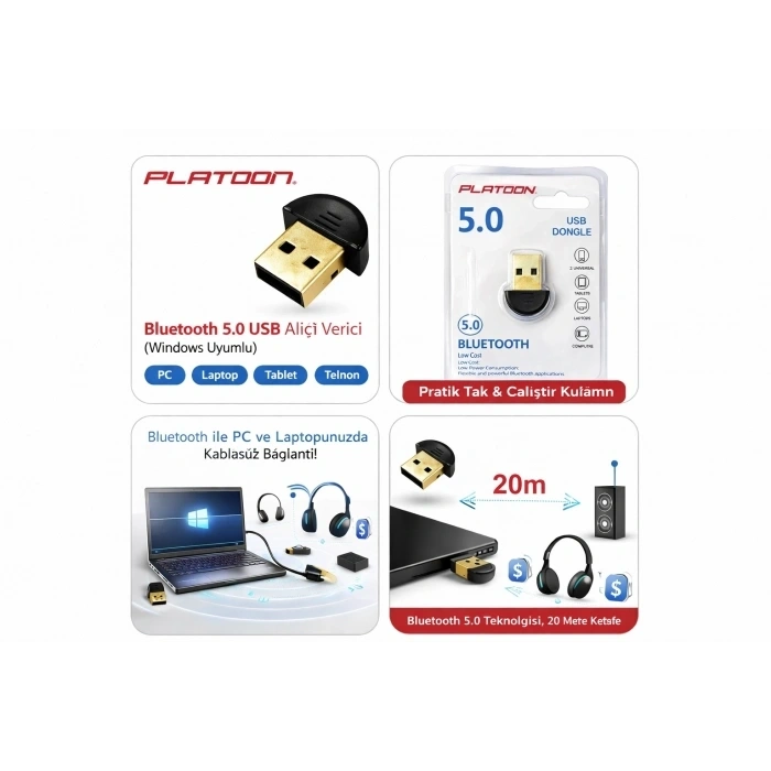 Platoon PL-9337 Bluetooth 5.0 USB Alıcı Verici (Windows Uyumlu)