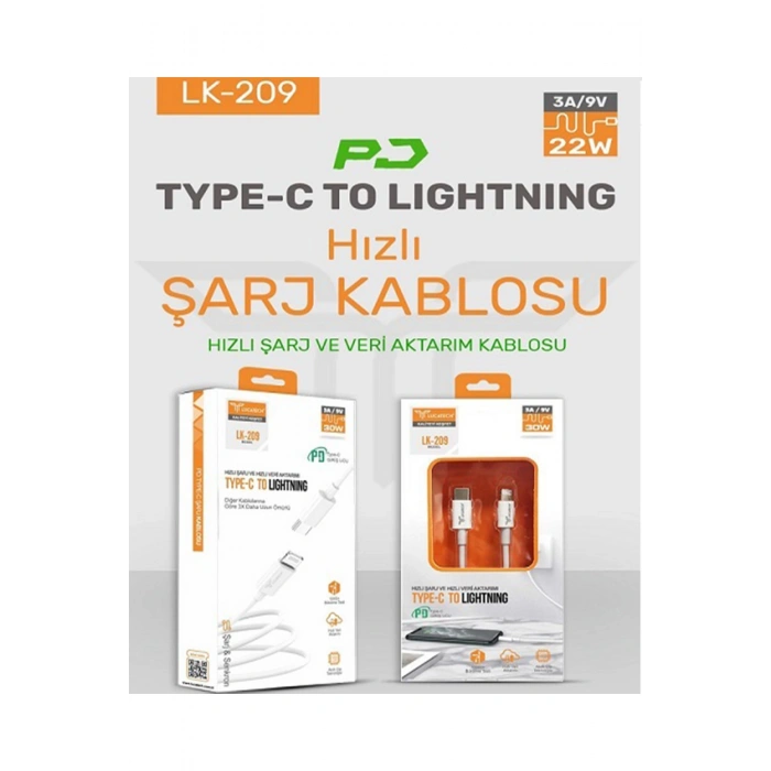 Type-c  Lightning Iphone Uyumlu 3A 30W Lk209 Hızlı Şarj Kablosu