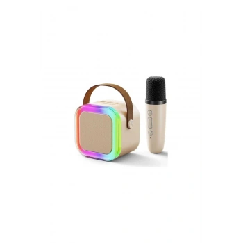 Universal FP-K12 RGB Işıklı Taşınabilir Kablosuz Bluetooth Hoparlör ve Mikrofon Seti | Karaoke | AUX, USB, FM (BEJ RENK)