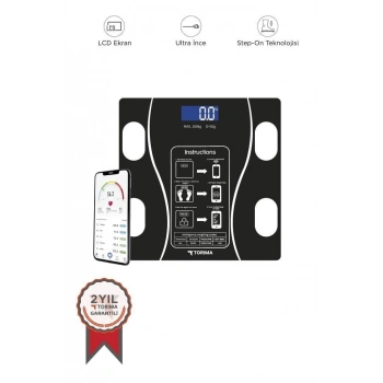 Torima Bluetooth Akıllı Tartı Dijital Baskül Yağ Kas Vücut Kitle İndeksi XK-26C Siyah