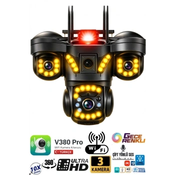 V380 PRO 3 Kamera 10X Zoom 4K PTZ IP Sesli Sirenli WiFi Akıllı Güvenlik Kamera ( 3+3+3 MP )