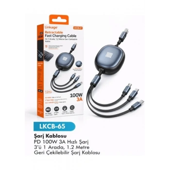 Linkage LKCB-65 3’ü 1 Arada Şarj Kablosu 100W Hızlı Şarj Geri Çekilebilir