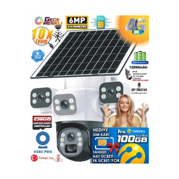 Aurora 3 Kameralı 6MP 4K 4G 100GB Sim Kart Hediye Güneş Panelli Solar 360 PTZ Akıllı Güvenlik Kamera