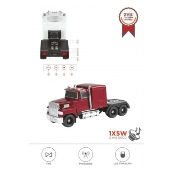 Bluetooth Hoparlör Tır Tasarımlı FM AUX USB Destekli Speaker D50 Kırmızı