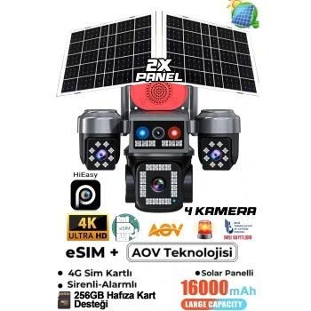RT-2413A iEasy APP 4 Kamera 12MP 4K AOV eSİM 4G Gece Renkli Görüş İnsan Takibi Solar PTZ Akıllı KameraA