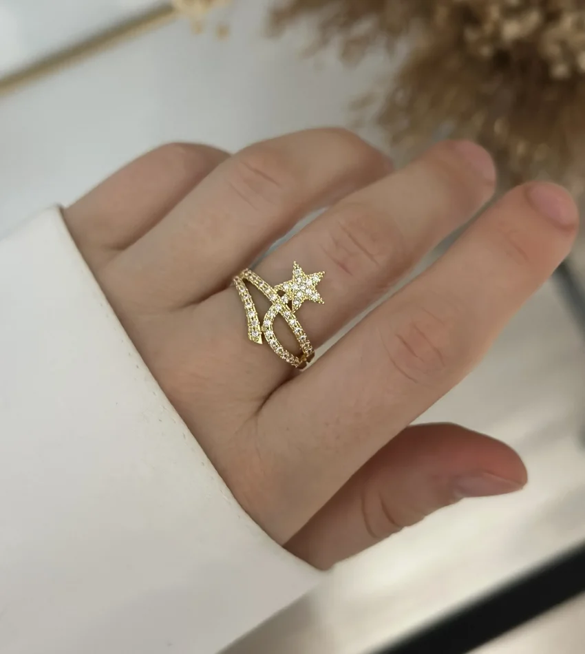 İthal Gold Taşlı Yıldızlı Yüzük (Ayarlanabilir)