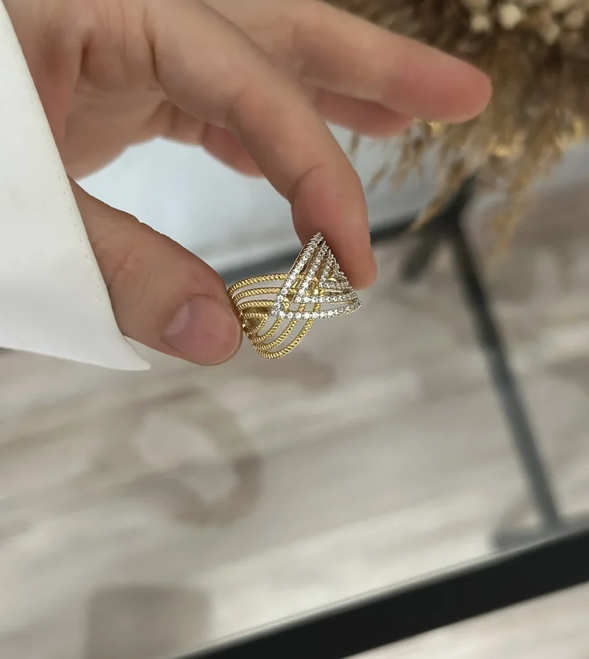 İthal Gold Tasarım Geniş Yüzük (Ayarlanabilir)