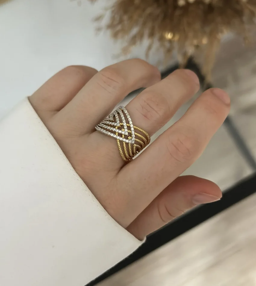 İthal Gold Tasarım Geniş Yüzük (Ayarlanabilir)