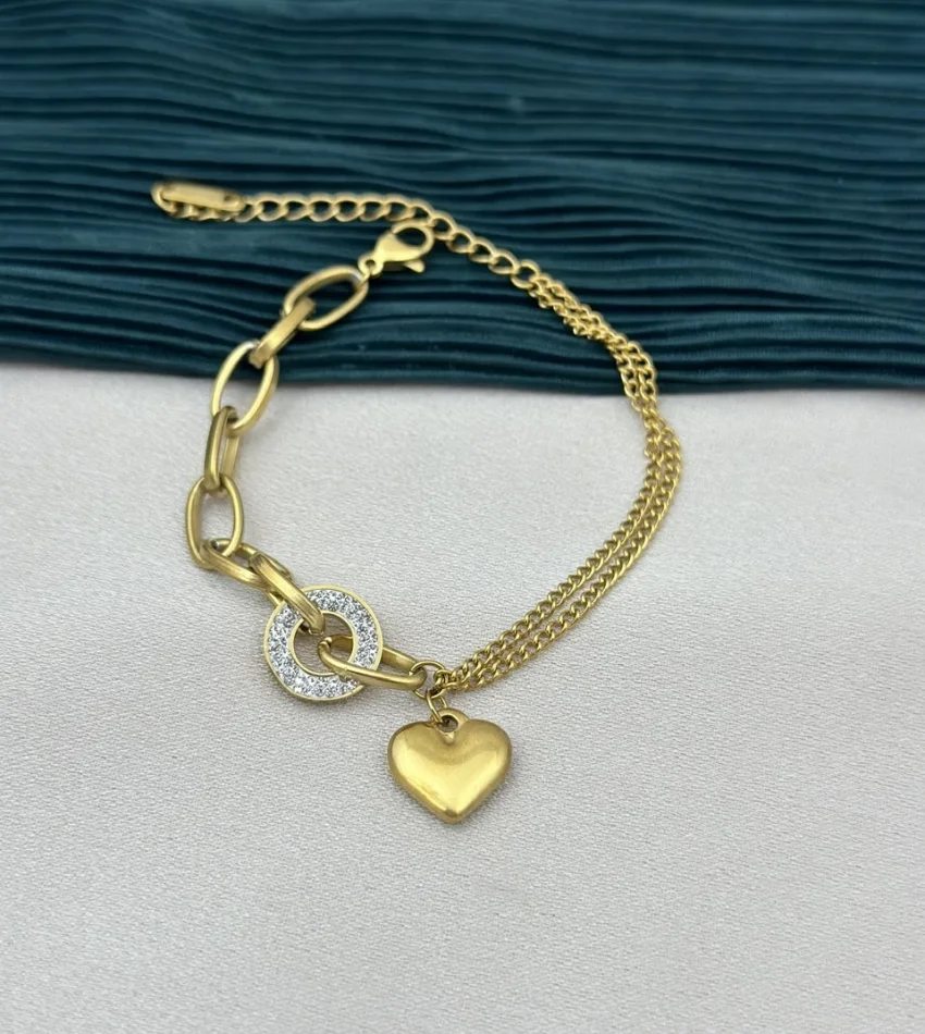 Kalp Sallantılı Taşlı Zincir Bileklik