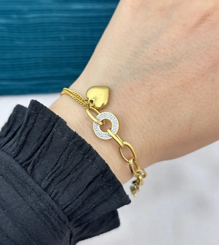 Kalp Sallantılı Taşlı Zincir Bileklik