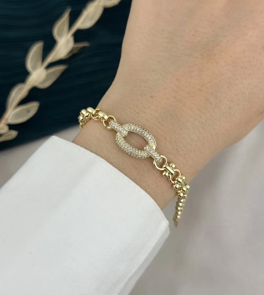 İthal Seri Taşlı Dikdörtgen Geçişli Gold Bileklik