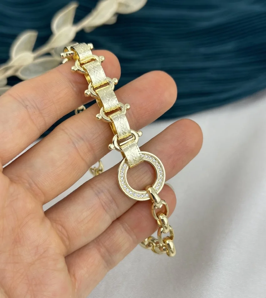 İthal Seri Tasarım Zinciri İşlemeli Gold Bileklik