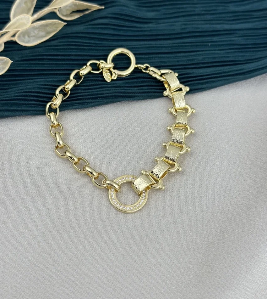 İthal Seri Tasarım Zinciri İşlemeli Gold Bileklik