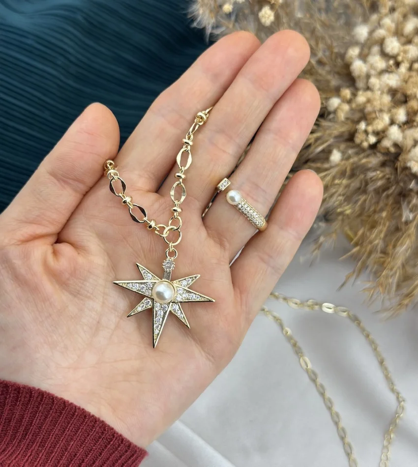 Premium İthal İncili Kolye Yüzük Kombini