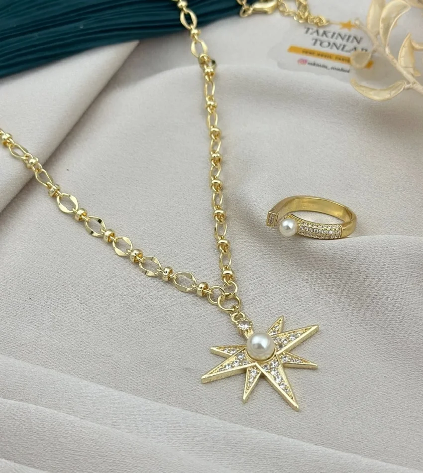 Premium İthal İncili Kolye Yüzük Kombini