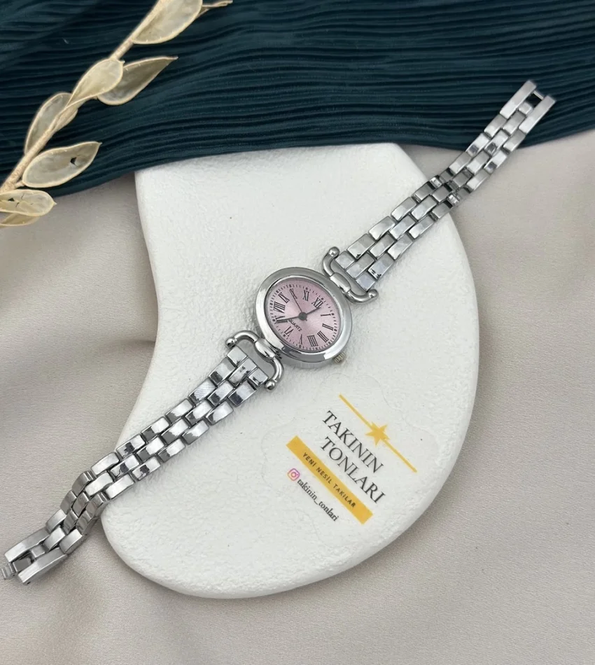 İthal Gümüş Pembe Detay Saat