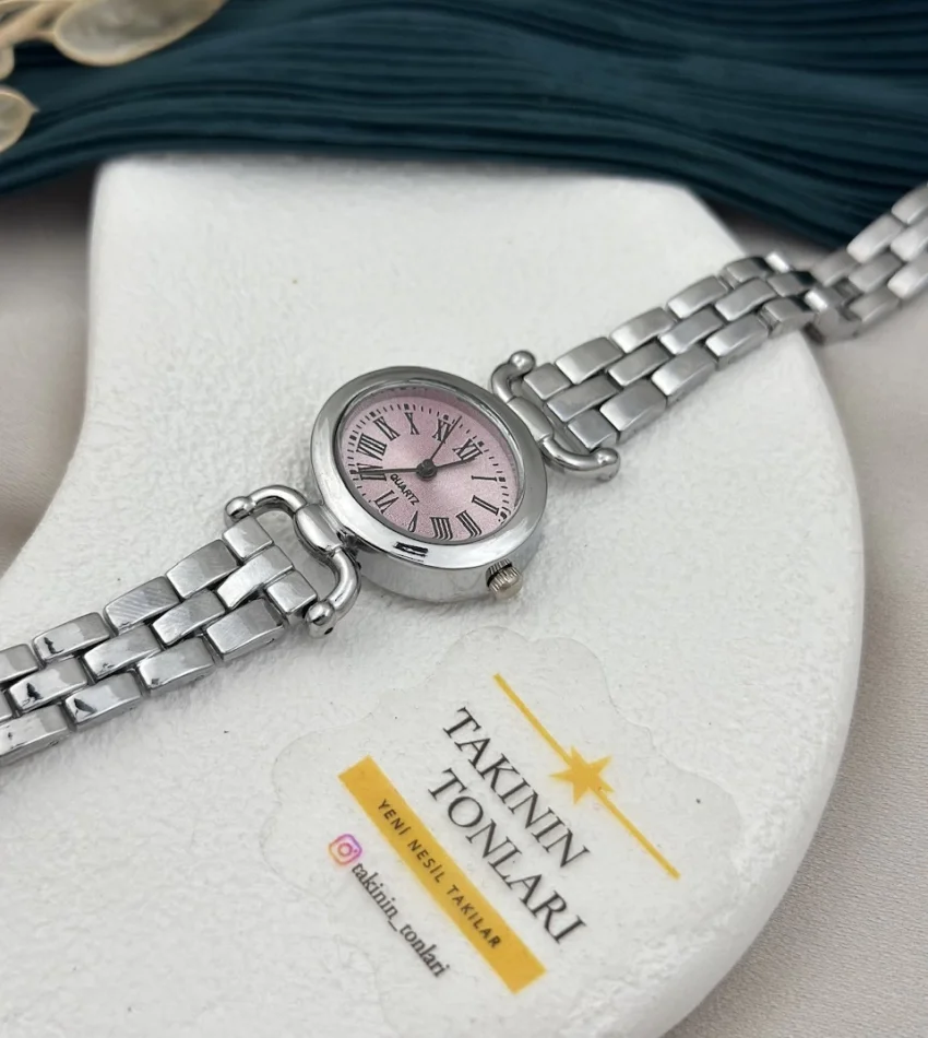 İthal Gümüş Pembe Detay Saat