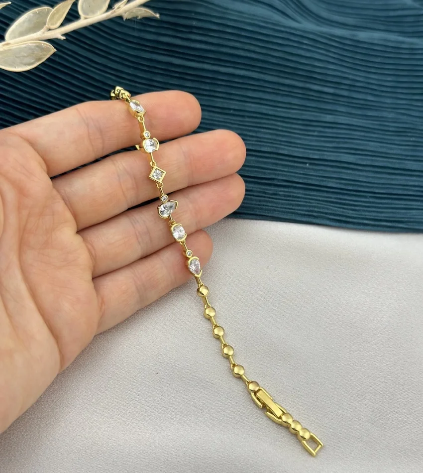 14K Asimetrik Taşlı Zarif XP Suyolu Vip Bileklik (17+2 cm)