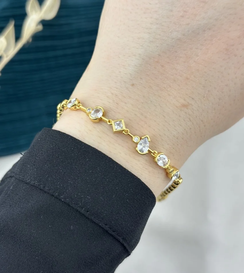 14K Asimetrik Taşlı Zarif XP Suyolu Vip Bileklik (17+2 cm)