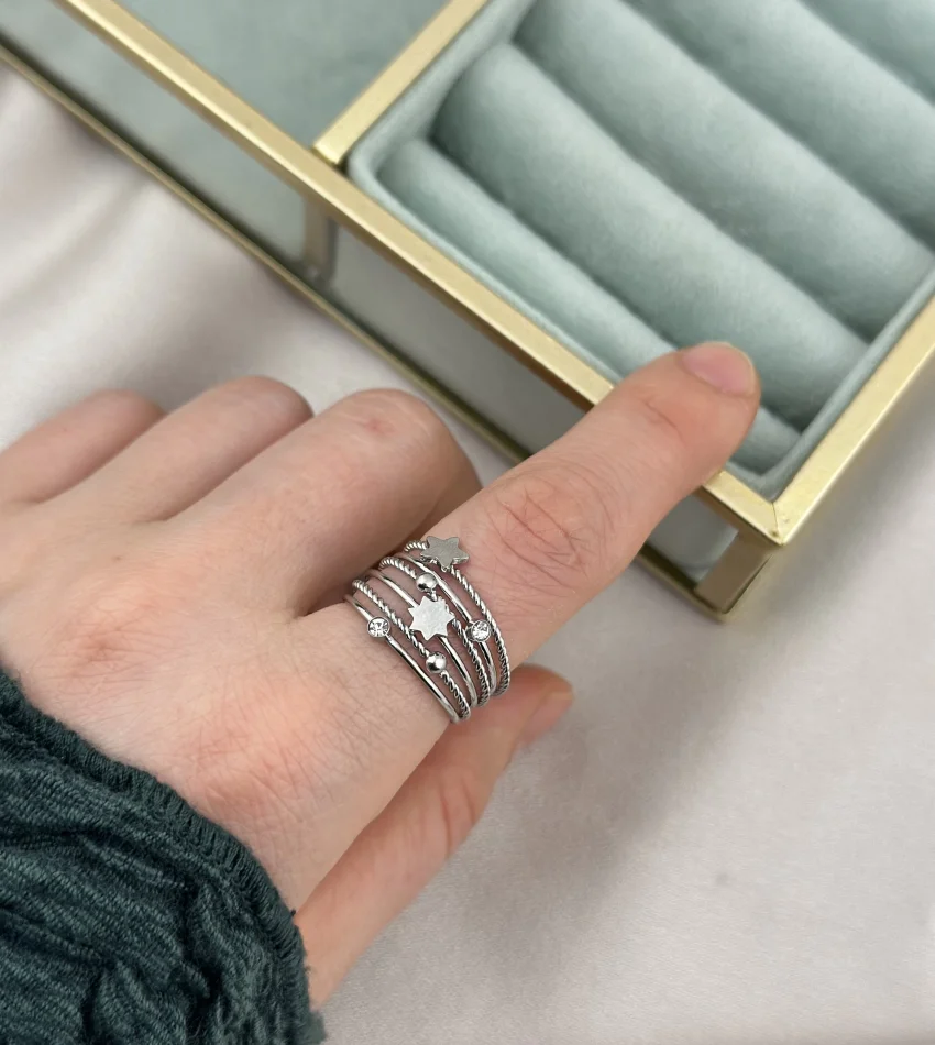 Çelik Çoklu Yıldız Model Gümüş Yüzük (7 no)