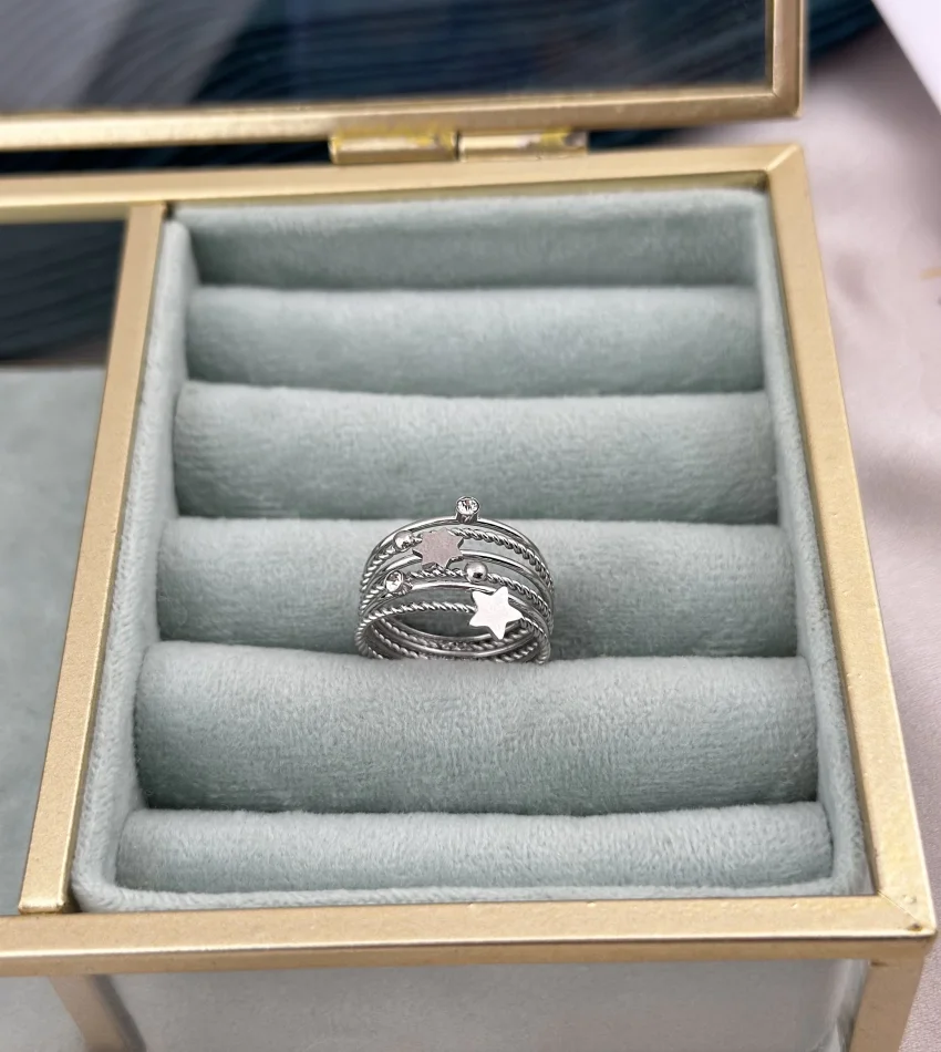 Çelik Çoklu Yıldız Model Gümüş Yüzük (7 no)