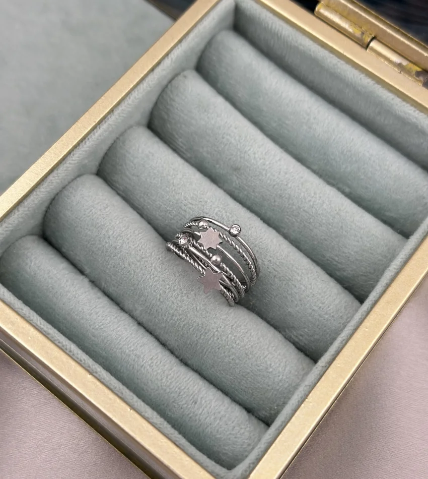 Çelik Çoklu Yıldız Model Gümüş Yüzük (7 no)