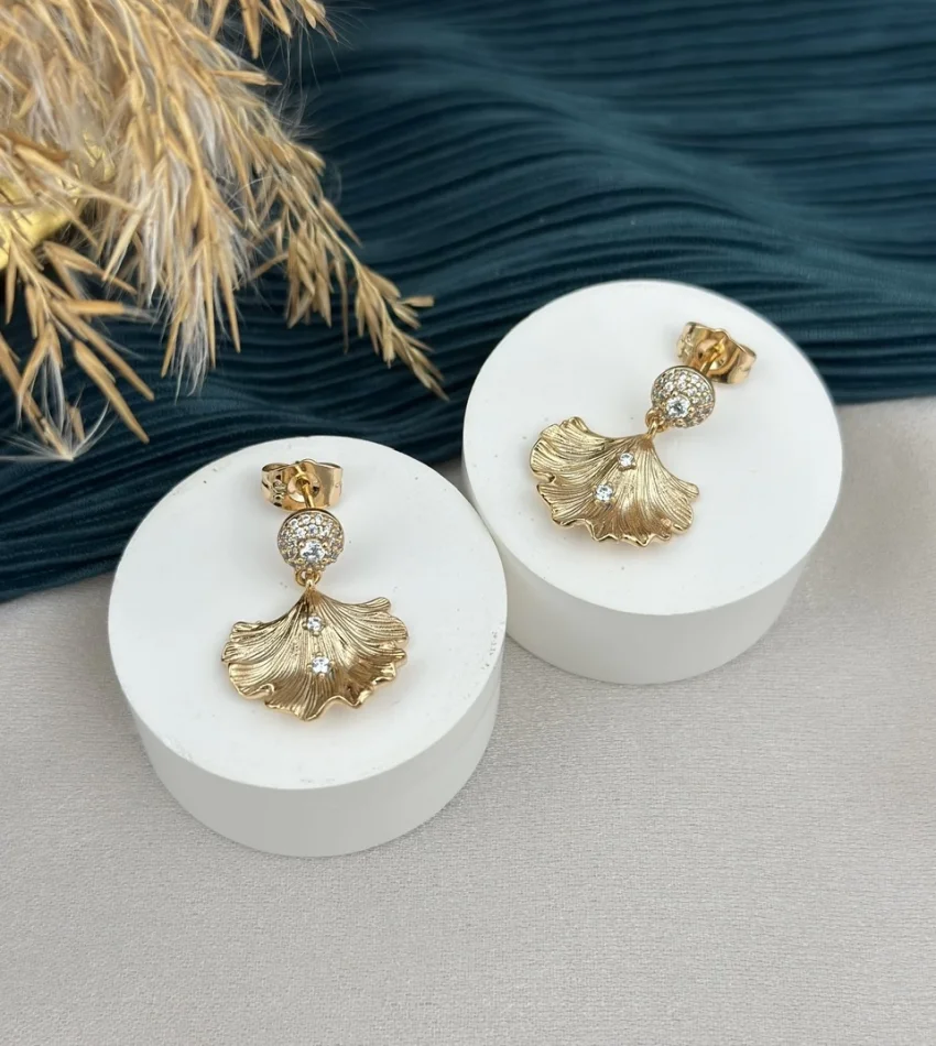 Sallantılı Taşlı Yaprak XP Küpe (Bakır Renk)