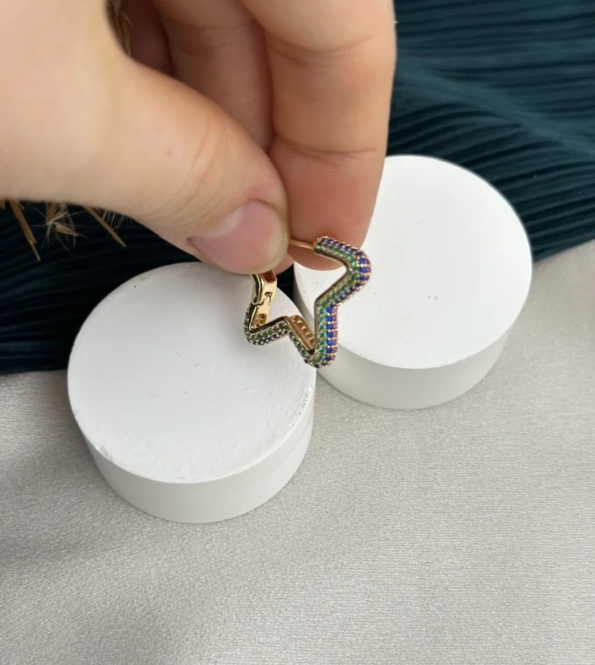 Renkli Taşlı XP Yıldız Halka Küpe (Bakır Renk)