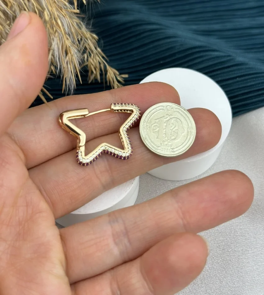 Renkli Taşlı XP Yıldız Halka Küpe (Bakır Renk)