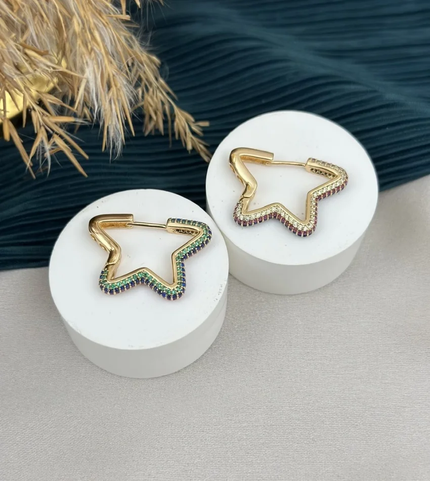 Renkli Taşlı XP Yıldız Halka Küpe (Bakır Renk)