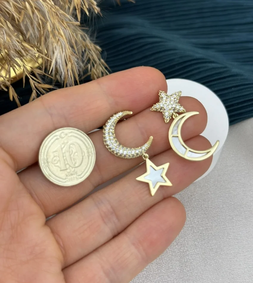 Taşlı Sarkıt Ay-Yıldız XP Küpe (Gold)