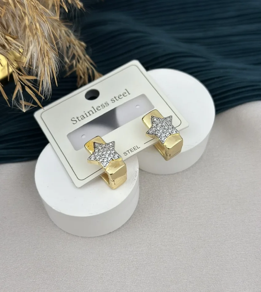 Taşlı Yıldızlı Dikdörtgen Halka Küpe