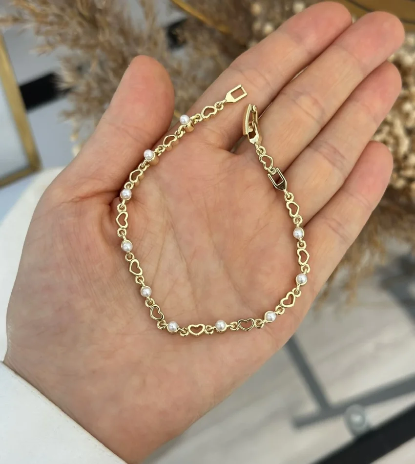 Sıra Kalpli İncili Zarif XP Bileklik (17+2 cm)