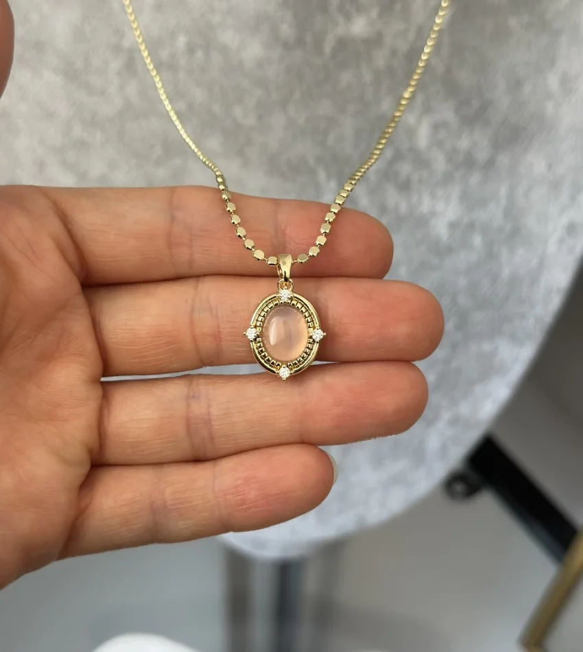 Ezme Pullu Zincir Pembe Taşlı Vintage Kolye (55 cm)