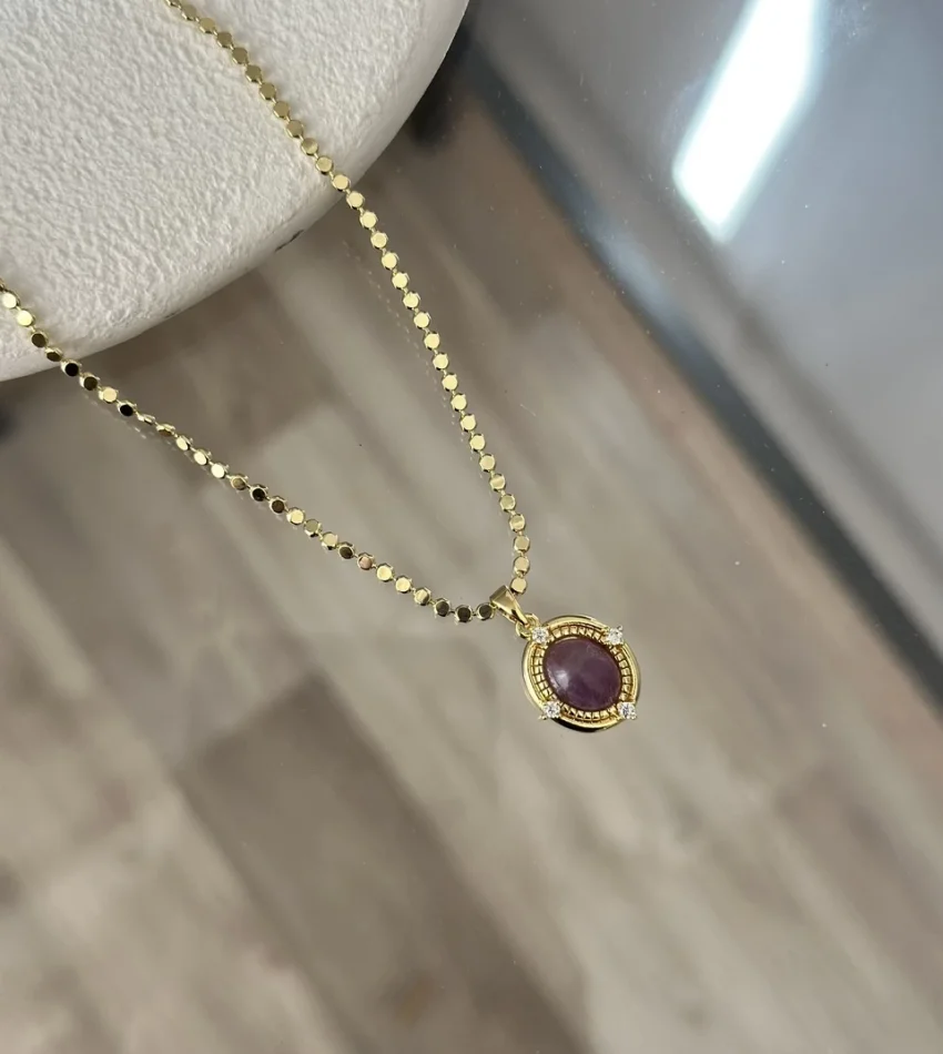 Ezme Pullu Zinvir Mor Taşlı Vintage Kolye (55 cm)