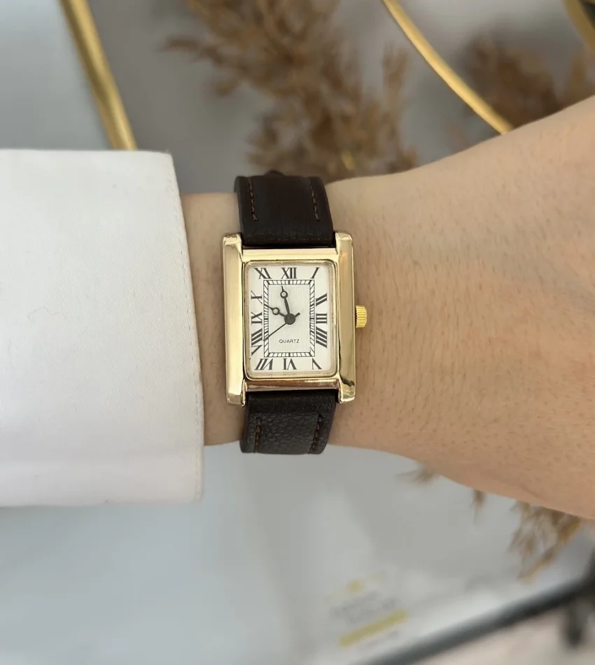 Kahverengi Deri Kordon Dikdörtgen Saat