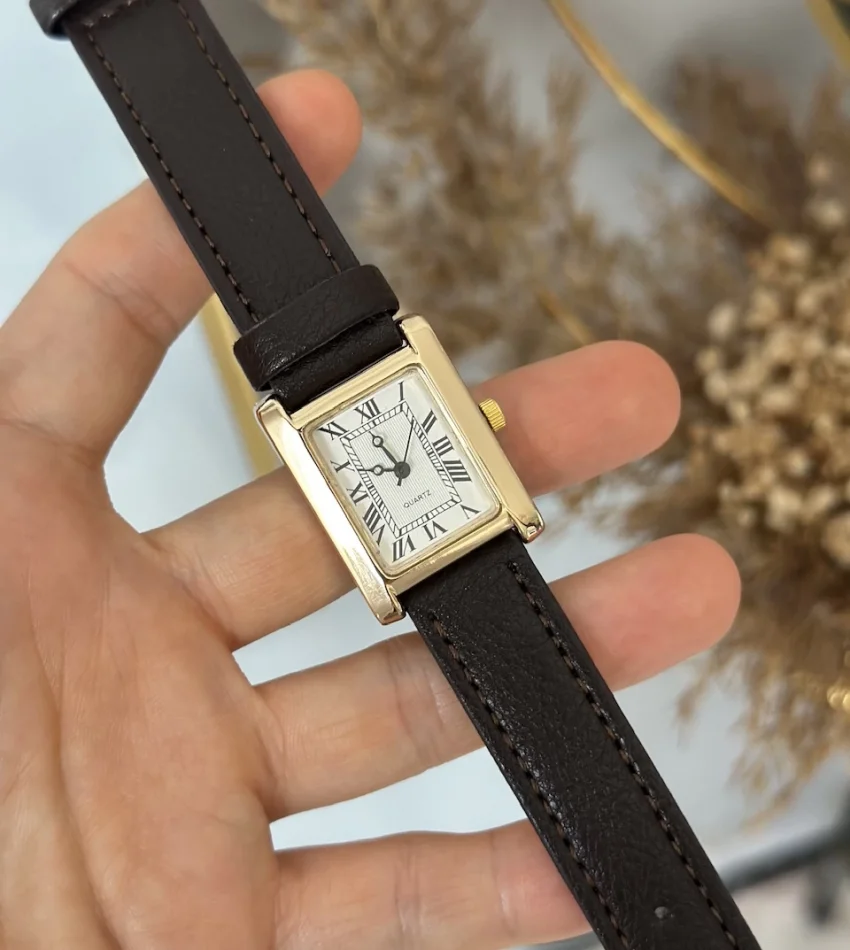 Kahverengi Deri Kordon Dikdörtgen Saat