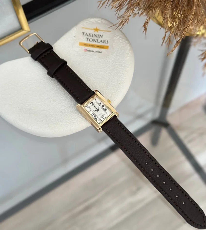Kahverengi Deri Kordon Dikdörtgen Saat