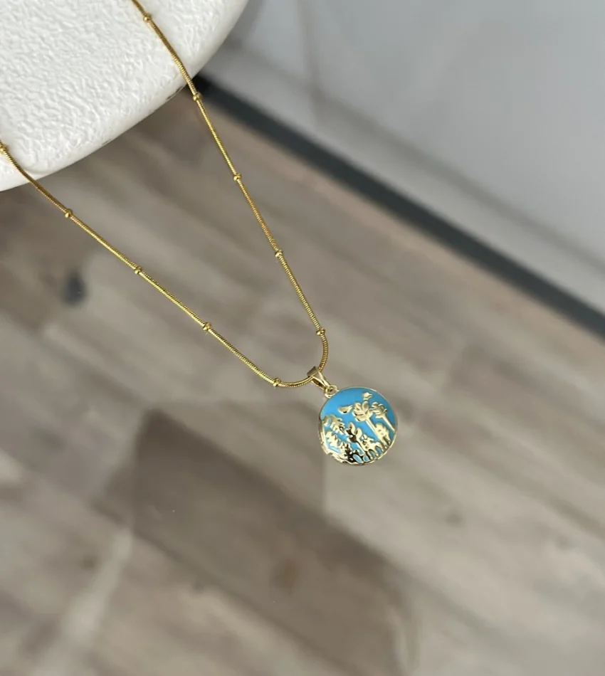 Mavi Mineli Kuşlu Açılır Kapaklı Kolye (40+5 cm)