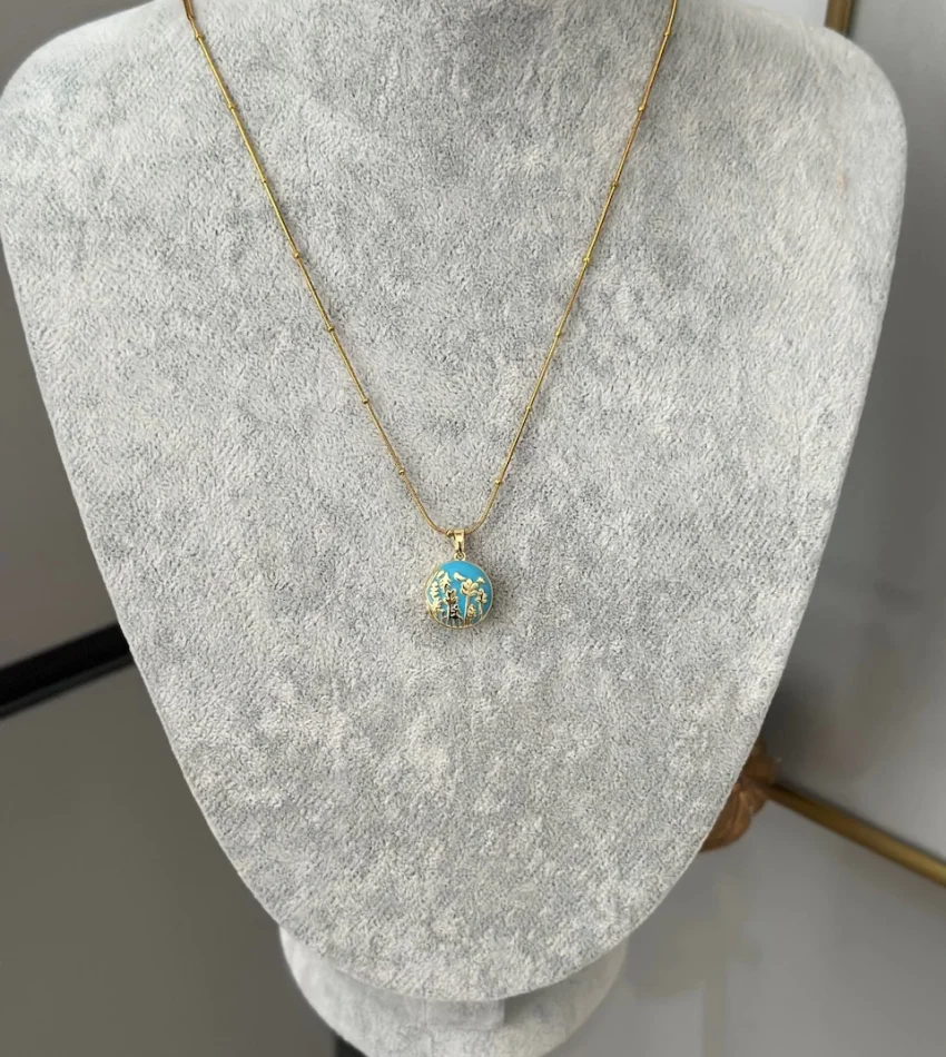 Mavi Mineli Kuşlu Açılır Kapaklı Kolye (40+5 cm)