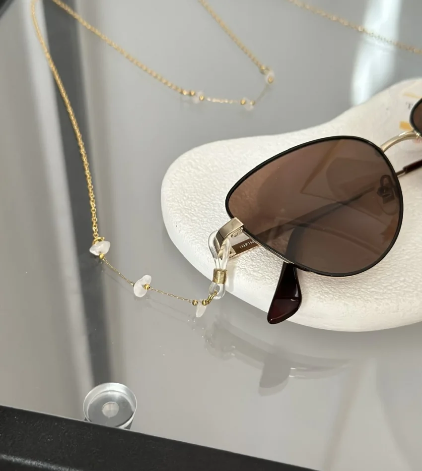 Doğal Pembe Kuvars Taşlı Çelik Gözlük Zinciri