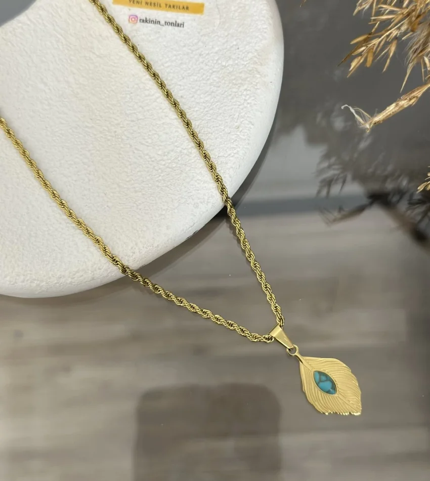 Çelik Turkuaz Taşlı Yaprak Kolye (40+5 cm)