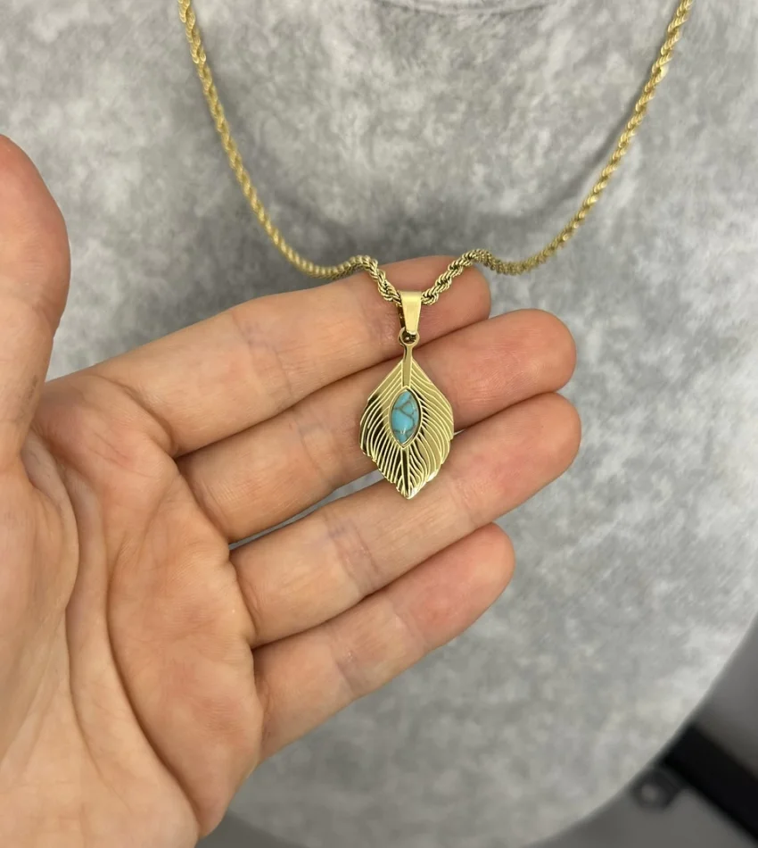 Çelik Turkuaz Taşlı Yaprak Kolye (40+5 cm)