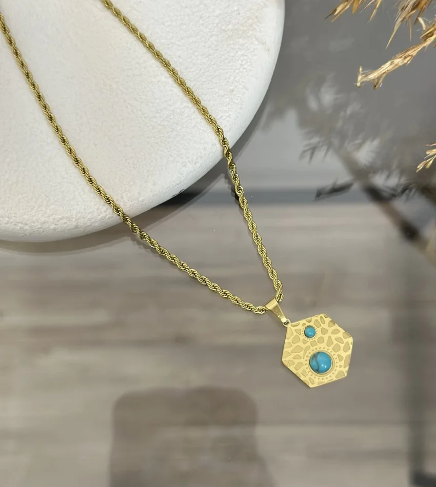 Çelik Turkuaz Taşlı Altıgen Kolye (40+5 cm)