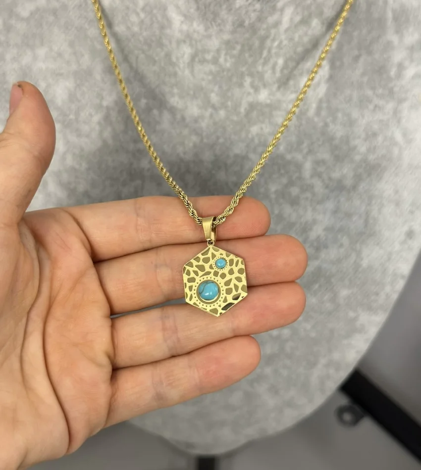 Çelik Turkuaz Taşlı Altıgen Kolye (40+5 cm)
