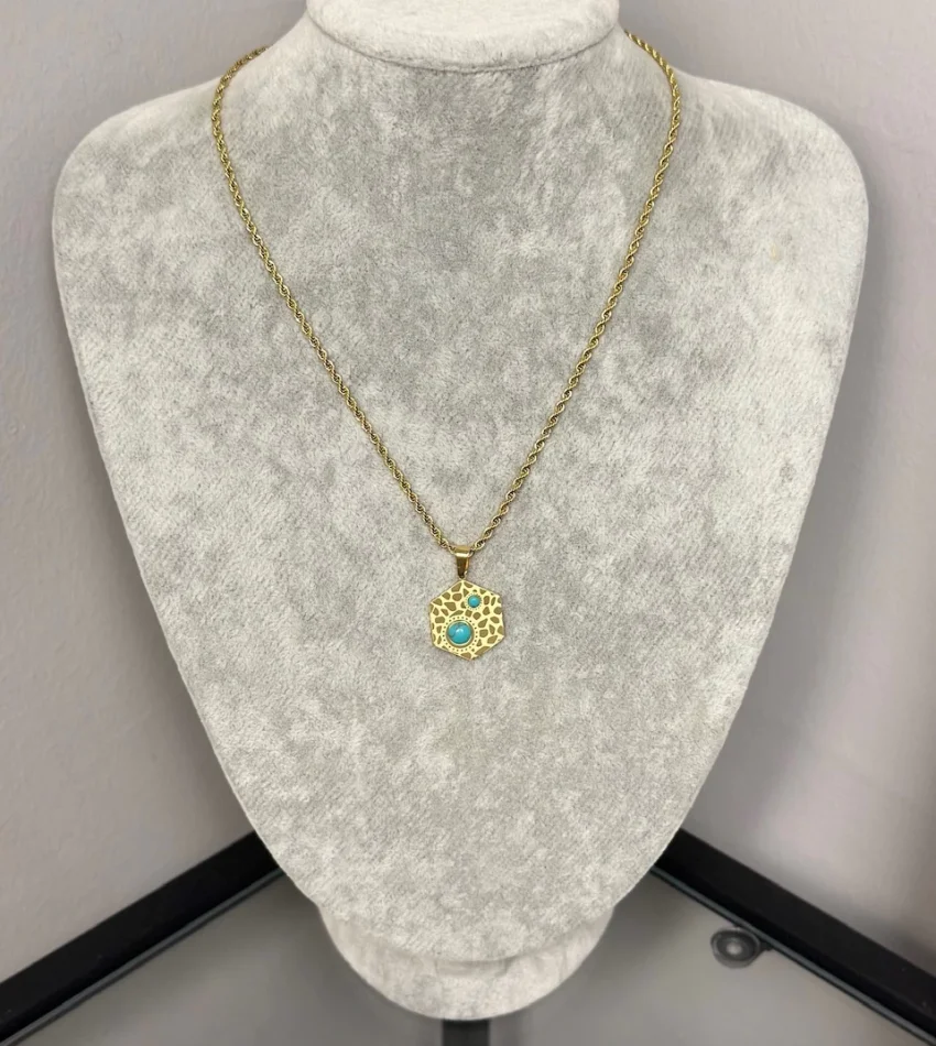 Çelik Turkuaz Taşlı Altıgen Kolye (40+5 cm)