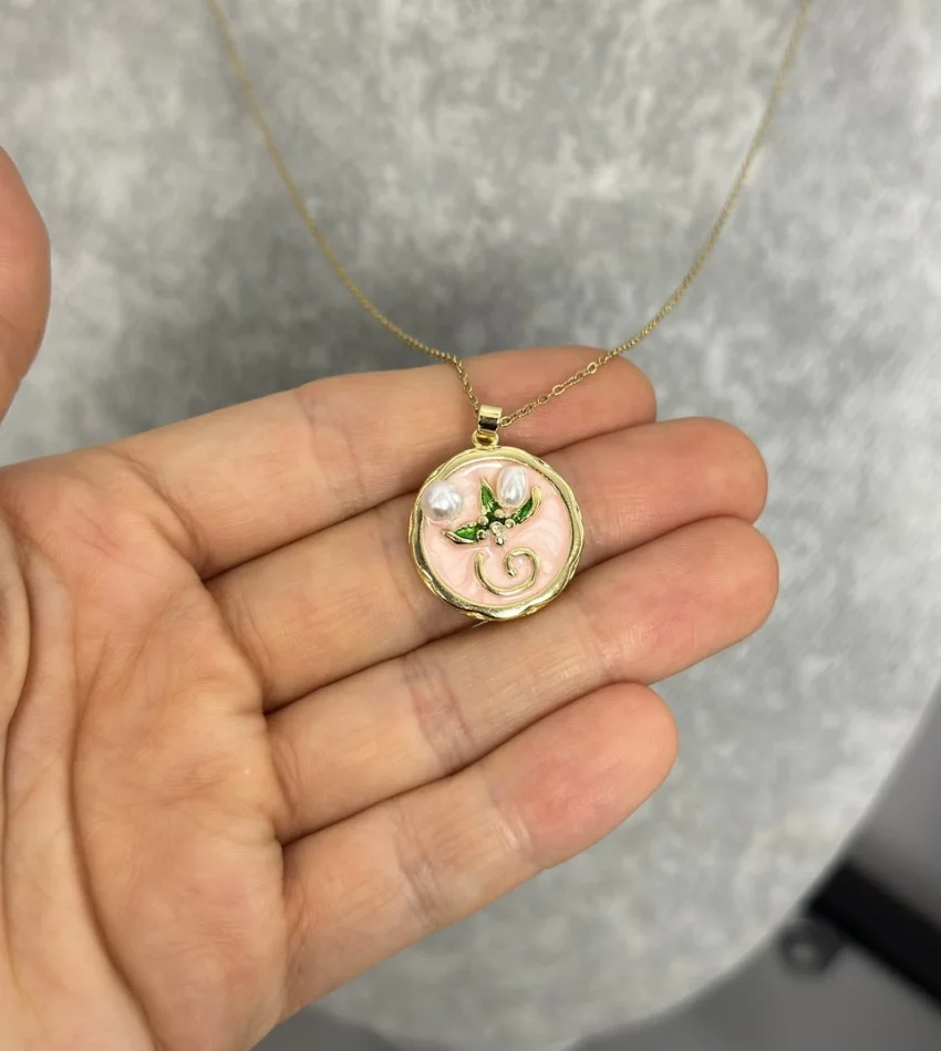 Çelik Pembe Mineli İncili Vintage Kolye (40+5 cm)