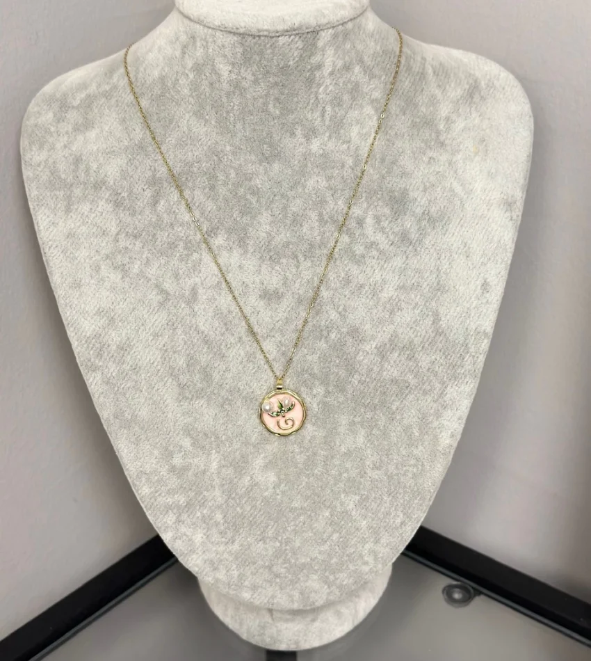 Çelik Pembe Mineli İncili Vintage Kolye (40+5 cm)